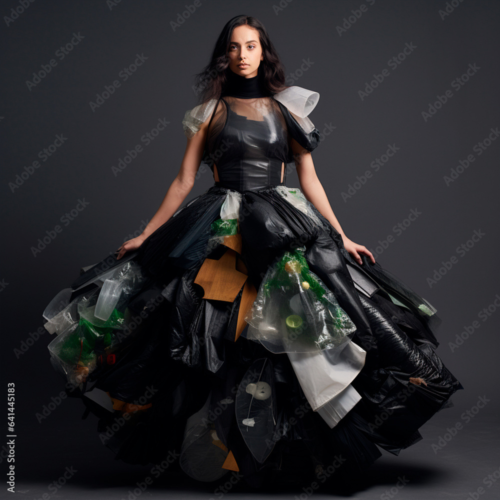 Brunette woman wearing a plastic dress. Pollution from plastics, bottles and bags in the fashion industry.