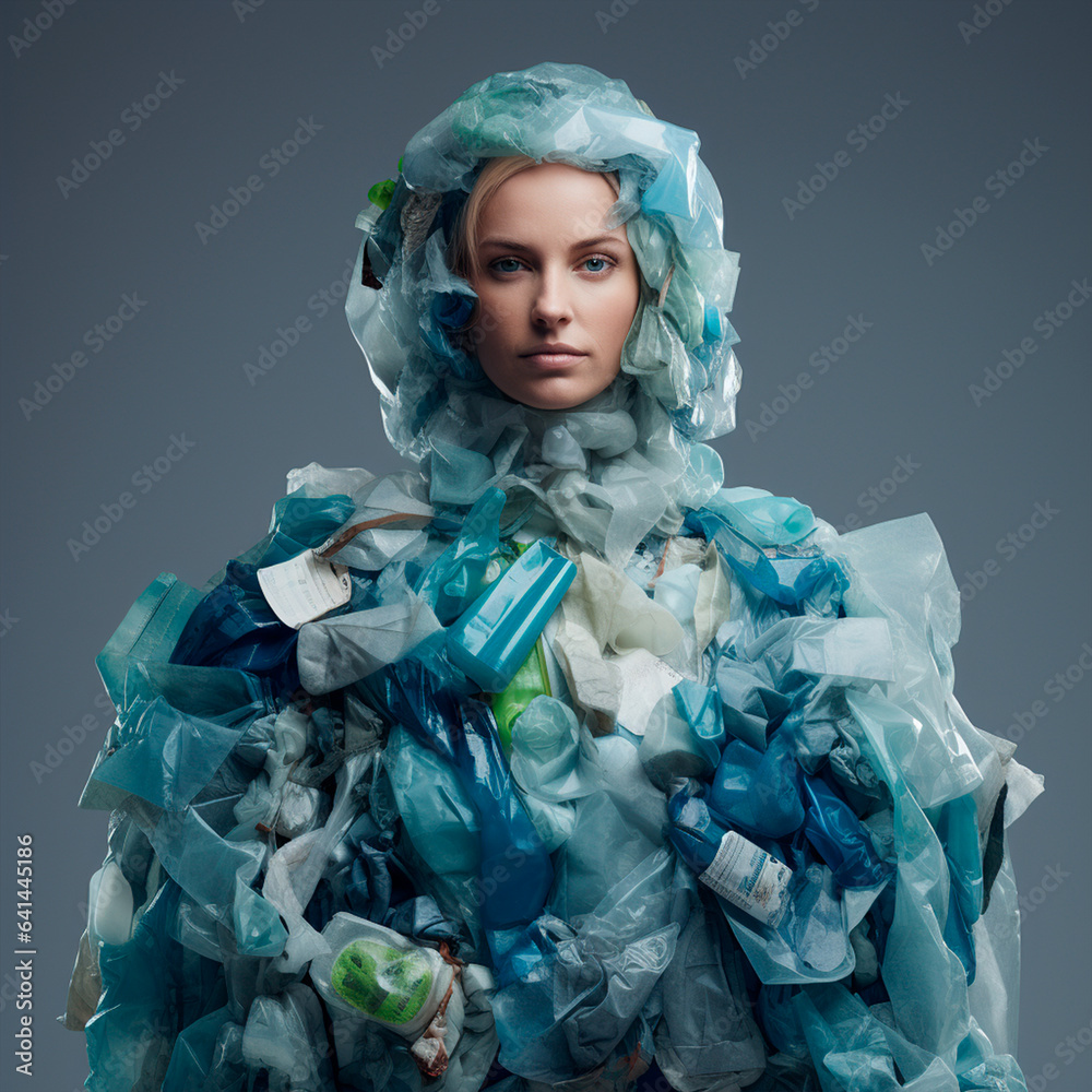 Blonde woman wearing plastic clothes. Pollution from plastics, bottles and bags in the fashion industry.