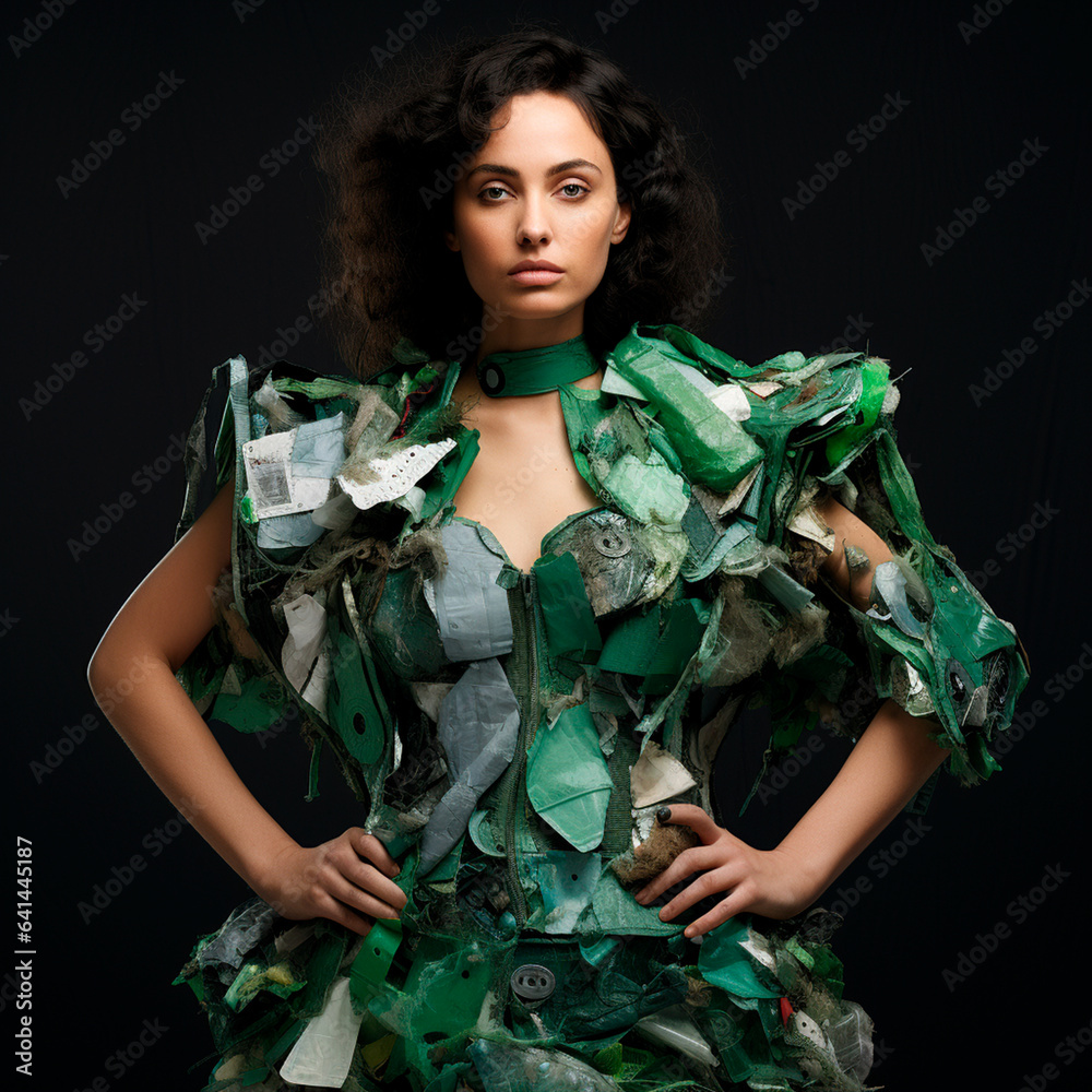 brunette woman wearing a dress made of plastic. Pollution from plastics, bottles and bags in the fashion sector.