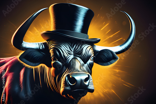 A fierce bull head shot illustration. The bull is wearing a top hat. 