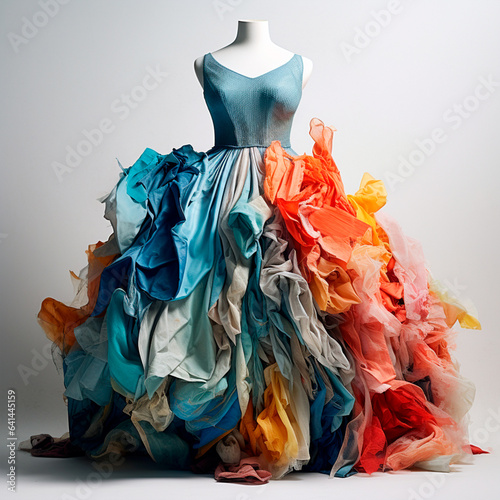  Colourful dress made from clothes. Fast fashion pollution.