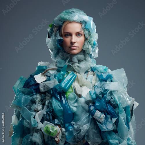 Obraz na płótnie Blonde woman wearing plastic clothes. Pollution from plastics, bottles and bags in the fashion industry. w salonie
