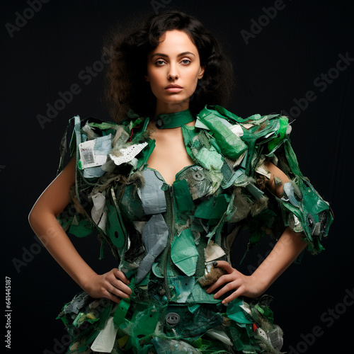 Obraz na płótnie brunette woman wearing a dress made of plastic. Pollution from plastics, bottles and bags in the fashion sector. w salonie