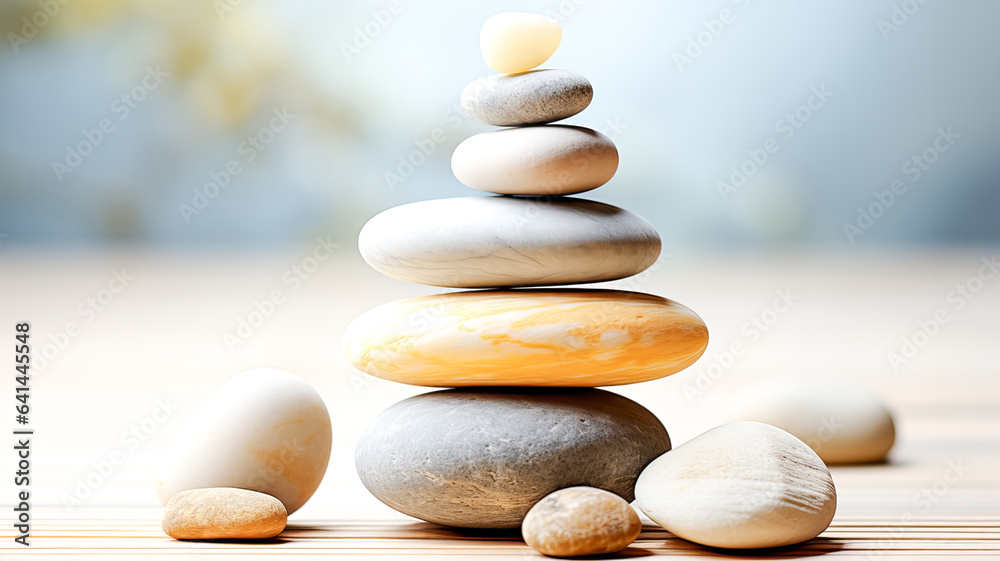 Meditation, relaxation. A pyramid of several flat river stones lying on top of each other. Generative AI technology. Meditation, relaxation. A pyramid of several flat river stones lying on top of each other. Generative AI technology.