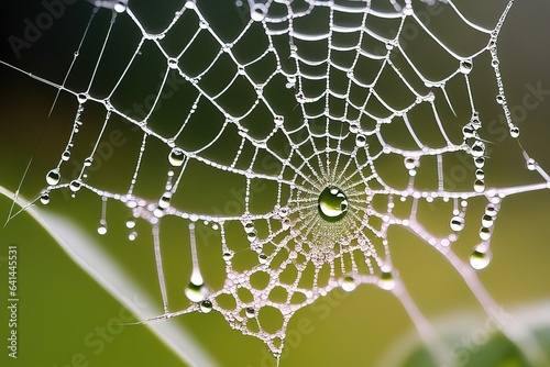 spider web with drops of waterspider web with drops of waterspider web on a green background