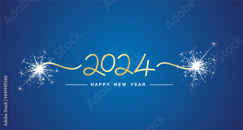 Happy New Year 2024 handwritten line design lettering typography golden numbers sparkle firework blue background banner