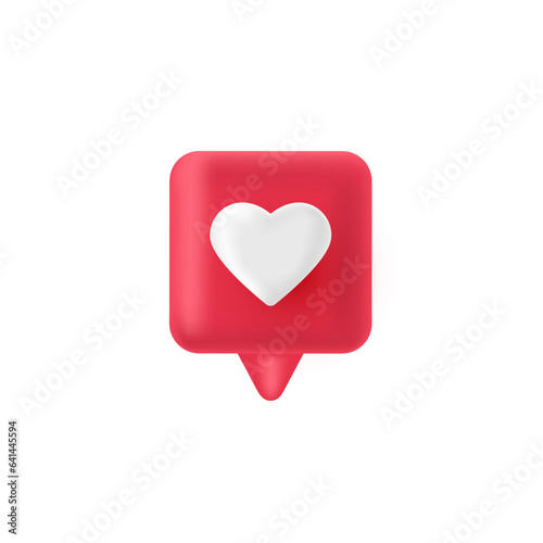 3d render pink like icon. Red comment button. Love element. Social media bubble with heart. Notification label. Share tag. Notice people. Chat speech balloon. Emoji reaction. Vector illustration