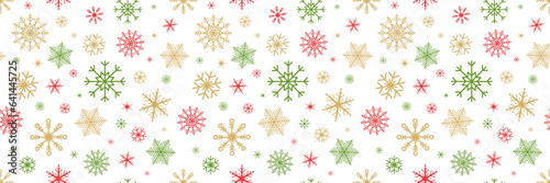 Snowflake Christmas background. Red, green, gold falling snowflakes banner. Hello winter border. Color snowfall frame. Flying confetti. Happy Holiday card. Celebration design. Vector illustration