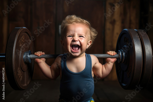 Little smiling strong Boy lifts a barbell. Generative AI