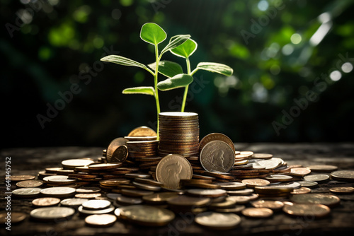 Investment concept, Coins stack with green plant growing out of it.