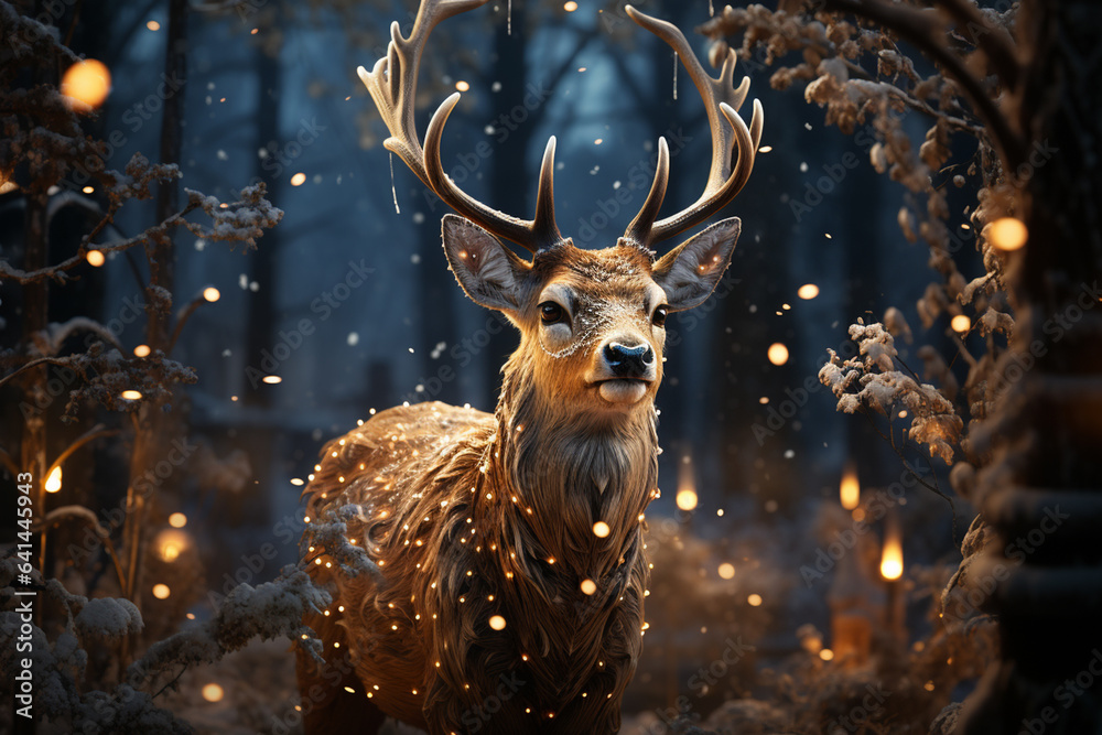 fairy reindeer in snow ,christmas lights background fairy reindeer in snow ,christmas lights background