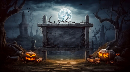 Halloween party. Wooden banner with pumpkin head jack lanterns, burning candles, bats in dark spooky mystery forest at Halloween night. invitation. Copy space, space for message, digital ai