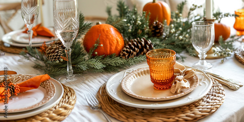 Autumn and Thanksgiving table decoration with whote mini pumpkins. Table served for Christmas dinner
 photo