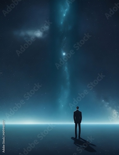 A man stands in a vast, empty void, surrounded by a million tiny stars, as he realizes the world he thought he knew was nothing more than a computer simulation.