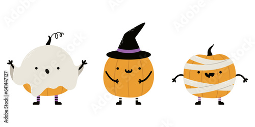 Little cute Halloween pumpkin collection. Cartoon pumpkins with different emotions.