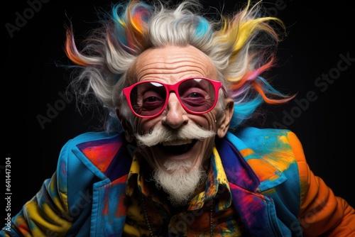 Funny smiling old man colorful portrait. Generative AI © piai