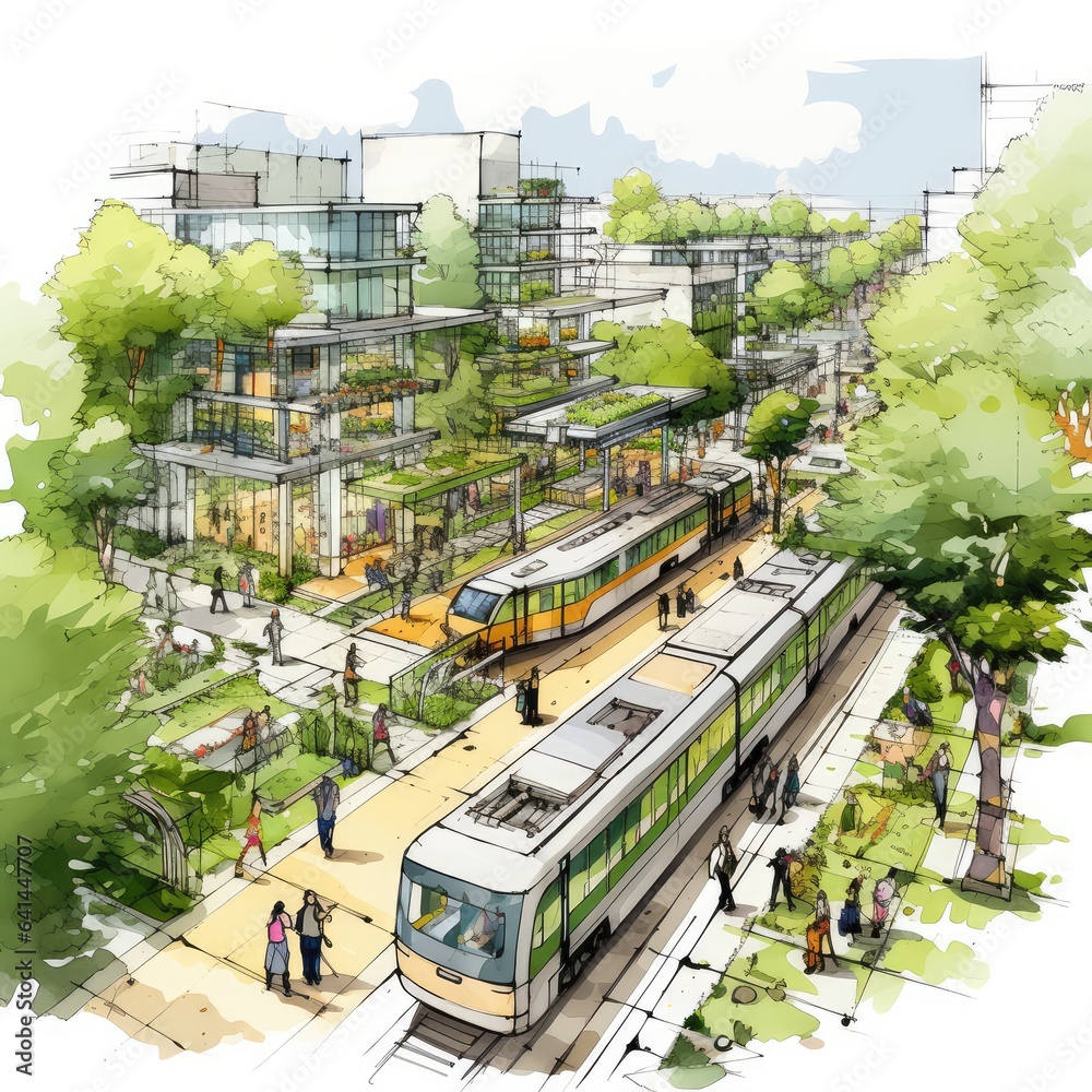 Urban planning sketch highlighting sustainable elements - obrazy, fototapety, plakaty 