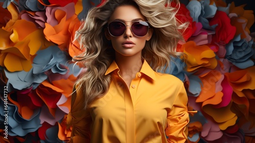Fashionable blonde woman with curly hair and sunglasses on colorful background.