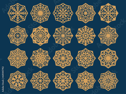 Christmas coaster snowflake with Lotus Mandala Vector Template Set for Cutting and Printing. Oriental silhouette ornament. Vector coaster design	