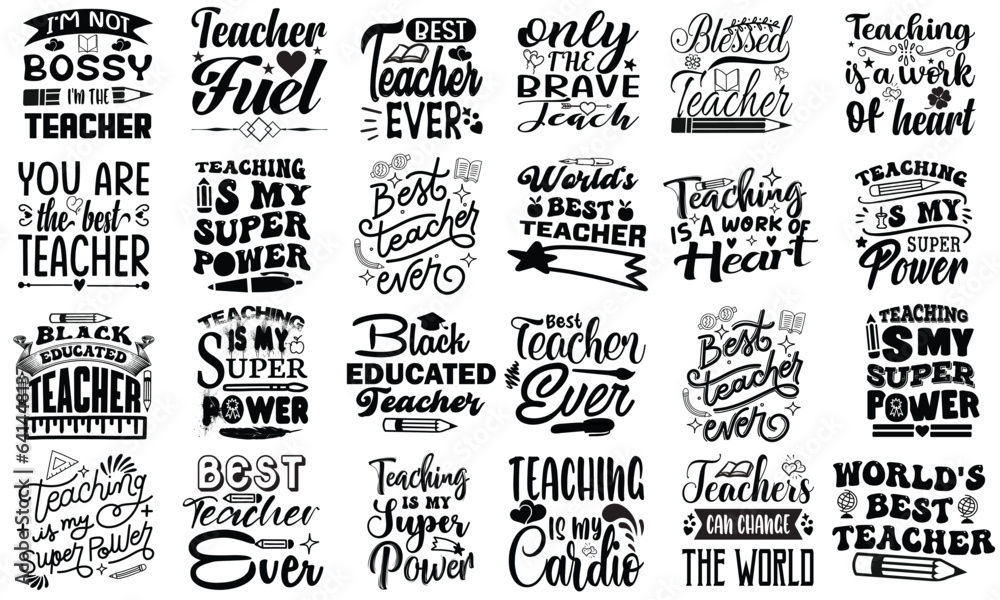 Fototapeta premium Teacher T shirt Design Bundle, Vector Teacher T shirt design, Teacher's Day shirt, Teacher typography T shirt design Collection, teachers day svg bundle design.