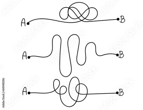 Complicated path from point A to B vector illustration. Simplify chaos, solve problems and find business solutions concept. Hand drawn doodles, doodle path lines of chaos,