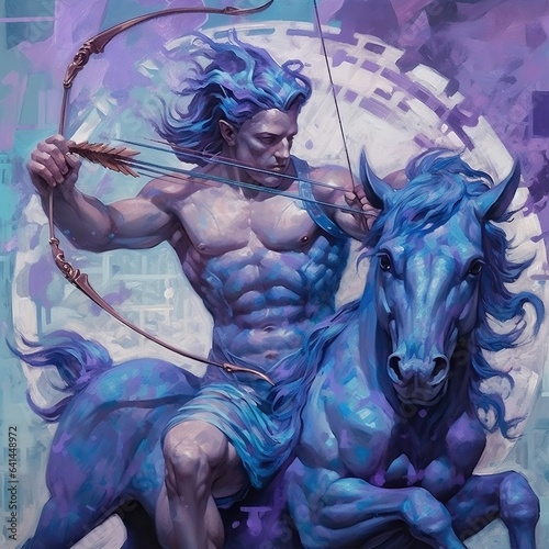 Digital painting of an archer with a bow and arrow on a horse. Sagittarius zodiac sign, astrological horoscope calendar, Archer esoteric illustration on magical purple background photo