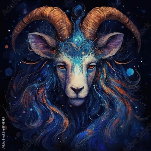 Capricorn zodiac sign, astrology horoscope calendar, esoteric Sea Goat illustration on magical purple starry background. Fairy tale picture of the night sky with a goat