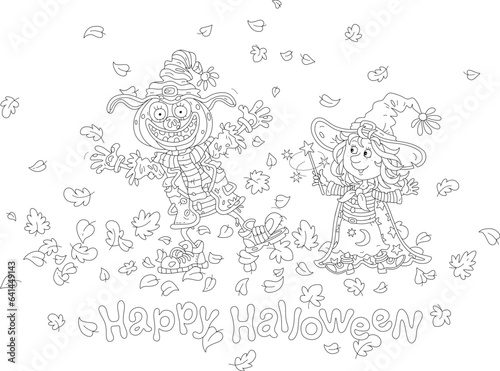 Halloween card with a happy little witch waving her magic wand and a funny scarecrow dancing among autumn leaves swirling around, black and white outline vector cartoon illustration