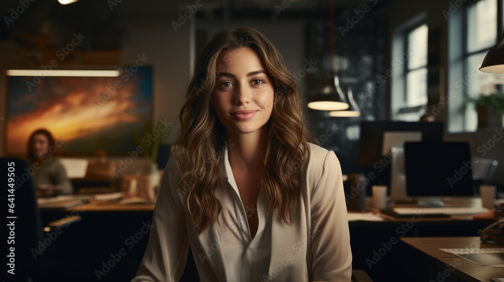 Corporate portrait of a beautiful young businesswoman with long wavy hair sitting at the workplace against office background entrepreneur freelancer successful worker leader lady boss