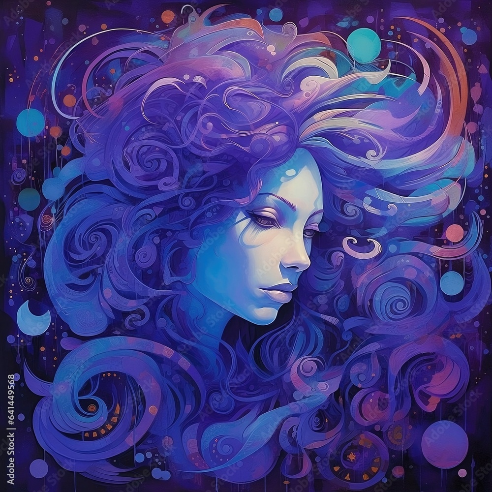 Beautiful girl with blue hair. Colorful abstract background. Digital painting. Aquarius zodiac sign, astrological horoscope calendar, esoteric Water Bearer illustration