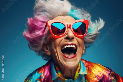 Funny smiling old woman colorful portrait. Generative AI