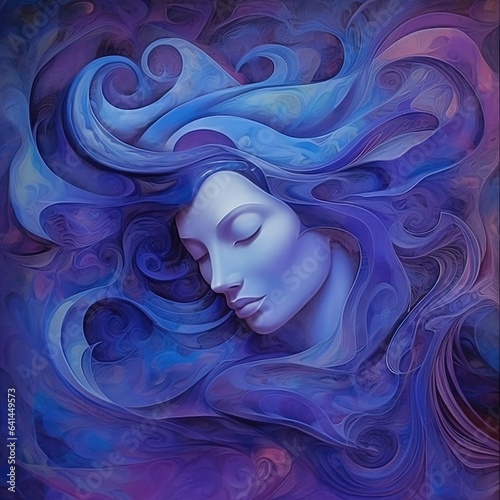 Illustration of a woman's face in blue and purple colors. Aquarius zodiac sign, astrological horoscope calendar, esoteric Water Bearer