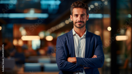 A young successful man in a suit with a beard smiles with his arms crossed and looks at the camera portrait of a businessman manager freelancer against the backdrop of a blurred office