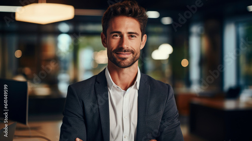 Successful man in a dark suit freelance businessman manager stands in an open space office blurred background with copy space