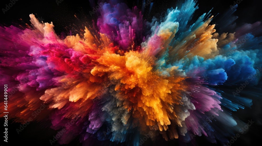 Colorful explosion of smoke and rainbow splashes of Holi powder isolated on black background splash of colors abstract art pattern. 3d illustration - obrazy, fototapety, plakaty 