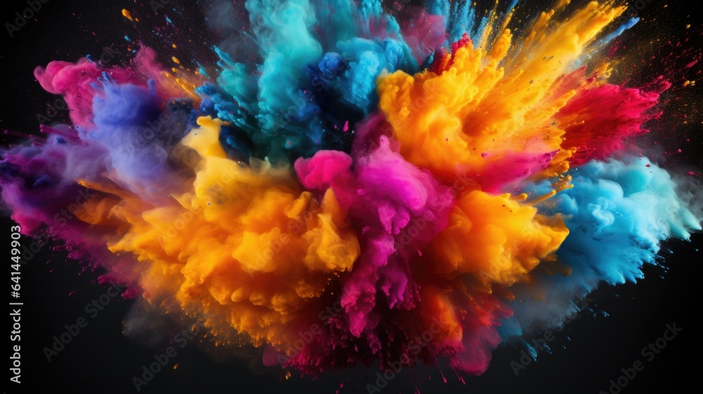 Mix of rainbow colors explosion of smoke and Holi powder isolated on black horizontal background splash of colors abstract dynamic art pattern - obrazy, fototapety, plakaty 