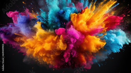 Mix of rainbow colors explosion of smoke and Holi powder isolated on black horizontal background splash of colors abstract dynamic art pattern