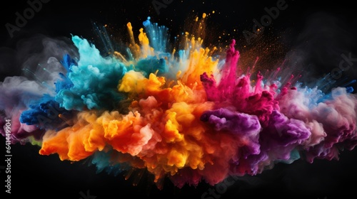Mix colors explosion of smoke rainbow mixture and Holi powder isolated on black horizontal background, splash of colors abstract dynamic art pattern. painting for interior