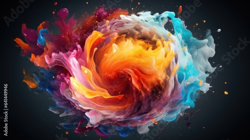 Colorful paint abstract splashes isolated on black background, multicolored smoke