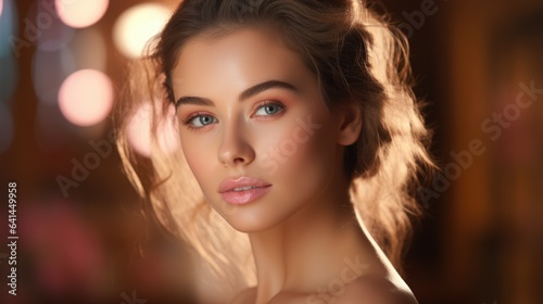 Young woman closeup in sunlight with shadows on her face with big blue eyes with clean fresh healthy glowing skin, delicate makeup, perfect skin, curly hair on blurred horizontal background copy space