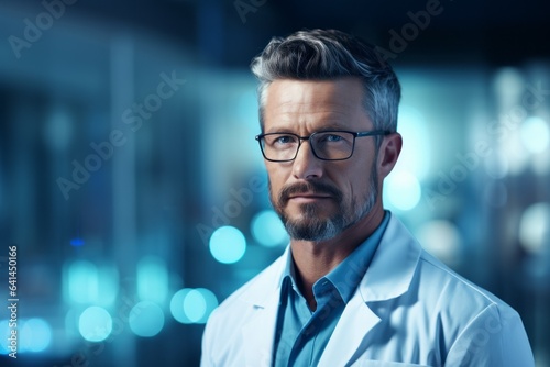 A lab worker conducts experiments. Background with selective focus and copy space