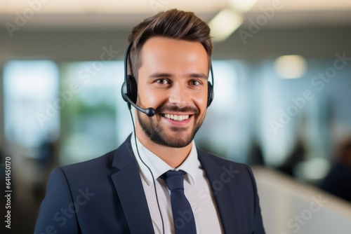 Man with headphones in the office at work. Modern call center or support service.