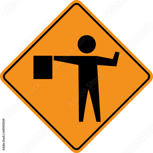 Vector graphic of a usa flagger ahead highway sign. It consists of a silhouette of a man with a flag within a black and orange square tilted to 45 degrees