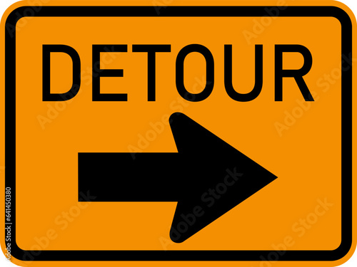 Vector graphic of a usa Detour highway sign. It consists of the wording Detour and an arrow within a black and orange  rectangle photo