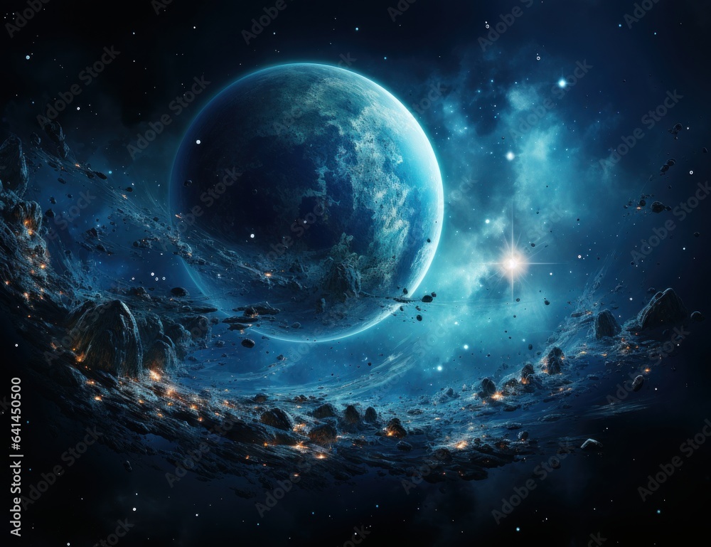 Glowing space sphere orbits blue abstract galaxy Glowing space sphere orbits blue abstract galaxy