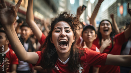 Soccer fans  wearing their national team s jerseys  are chanting and waving flags. Generative AI