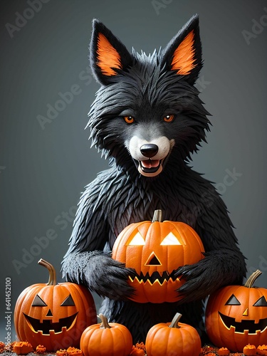 werewolf surrounded by decorative halloween pumpkins made of clay and felt

