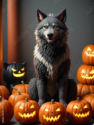 werewolf surrounded by decorative halloween pumpkins made of clay and felt

