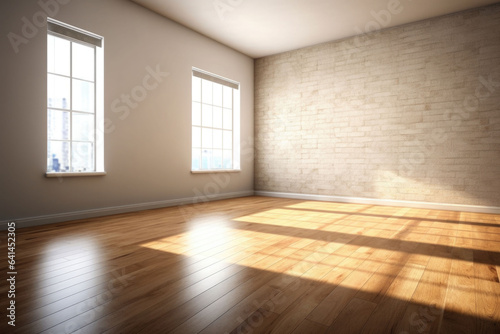 Living room with sunlight shine through a sliding door, wooden floor, white wall. Generative AI