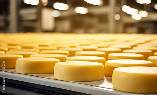Large cheese wheels in production close-up. Cheesemaker in a warehouse with cheese.